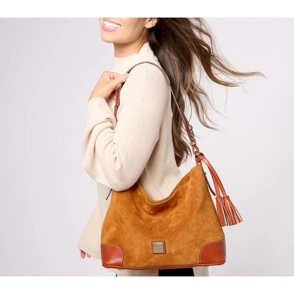 Dooney & Bourke Suede Large Sac Shoulder Handbag Honey Designer Travel Chic NWT - Picture 1 of 16